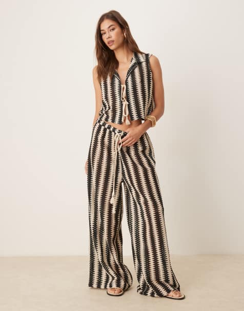 Aray crochet striped beach trouser co-ord in black