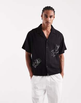 Aray Embroidered Camp Collar Beach Shirt In Black