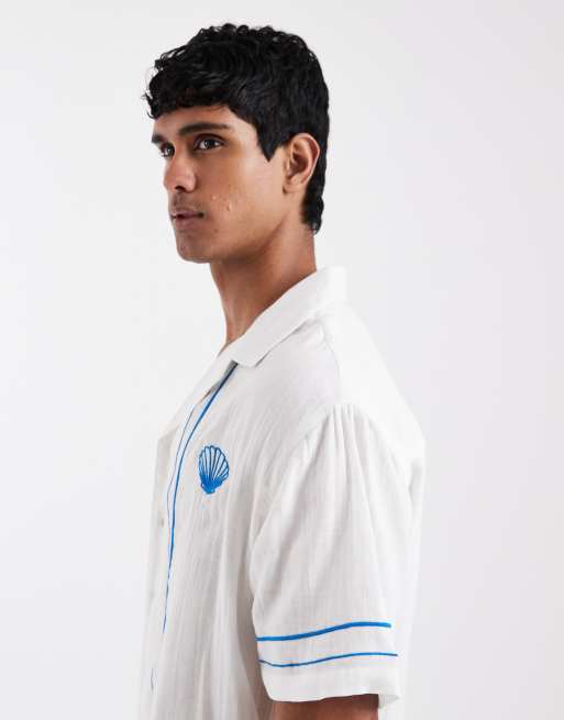 Aray embroidered camp collar beach shirt in white, 4 of 5