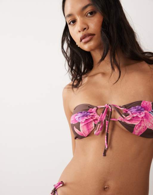 Aray floral print bandeau bikini set in brown multi, 2 of 4
