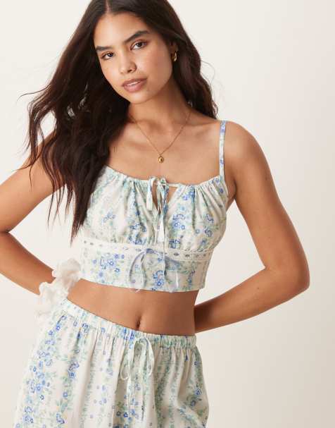 Aray floral print beach crop top in blue (Part of a set) - view 1