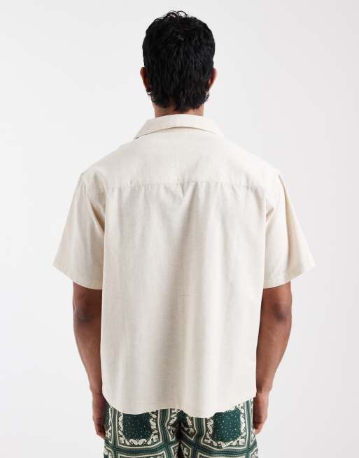 Aray - Geborduurd strandoverhemd met reverskraag in beige, 3 van 5
