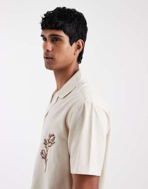 Aray - Geborduurd strandoverhemd met reverskraag in beige, 4 van 5