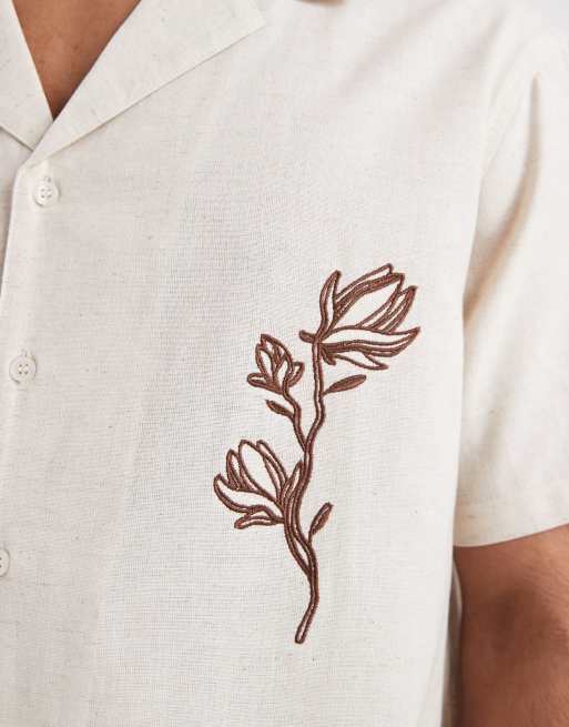 Aray - Geborduurd strandoverhemd met reverskraag in beige, 5 van 5