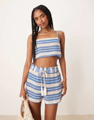 Aray - Gehaakte co-ord strandset in blauw strepen - view 1