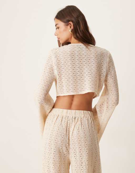 Aray - Gehaakte strandtop met lange mouwen in beige, deel van co-ord set, 3 van 4