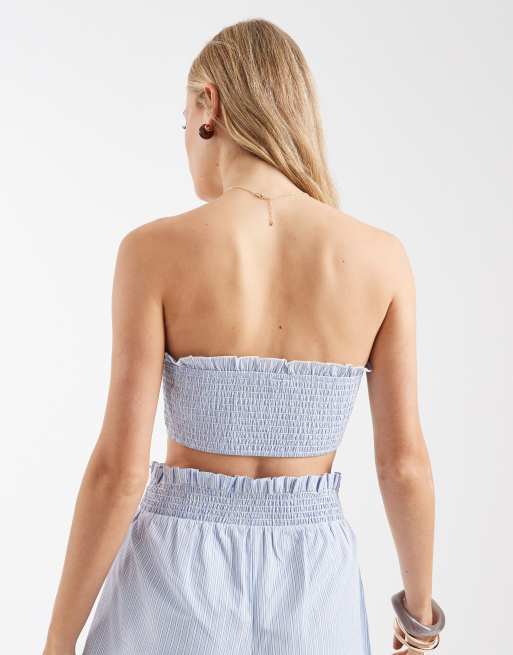 Aray - Gesmokte gestreepte bandeau-strandtop in blauw, 4 van 4