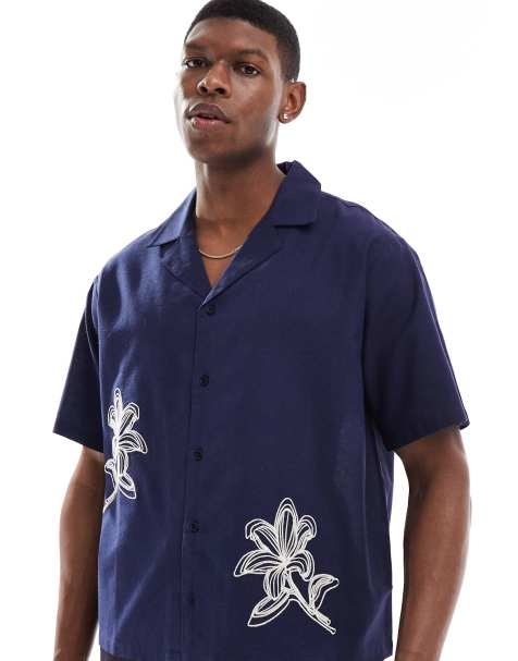 Aray embroidered resort beach shirt in navy