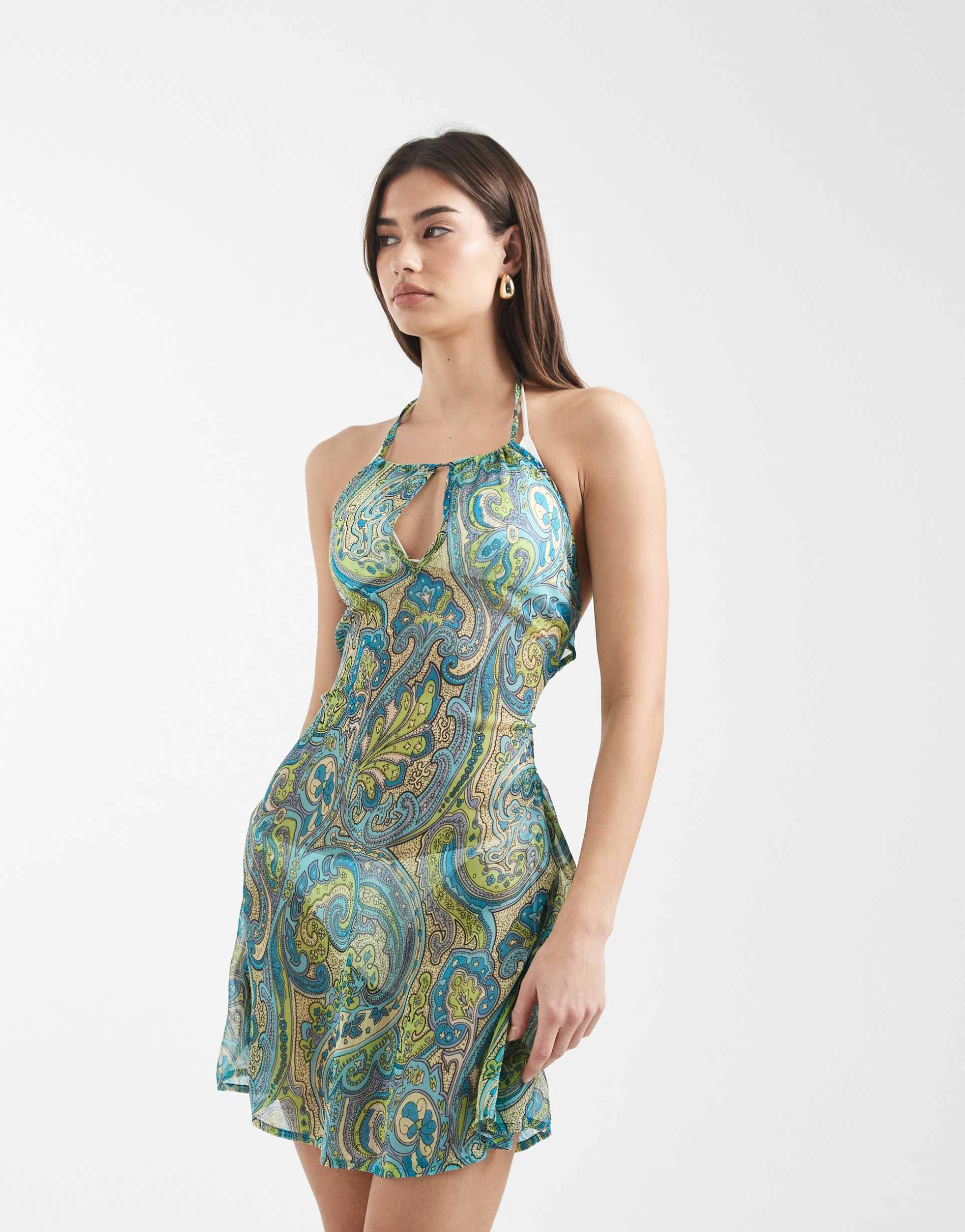 aray halterneck sheer beach mini dress in turquoise paisley print