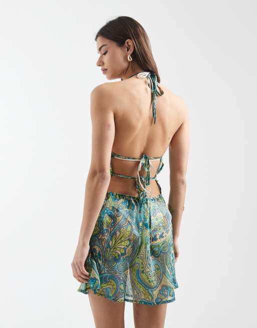 Aray halterneck sheer beach mini dress in turquoise paisley print, 2 of 4