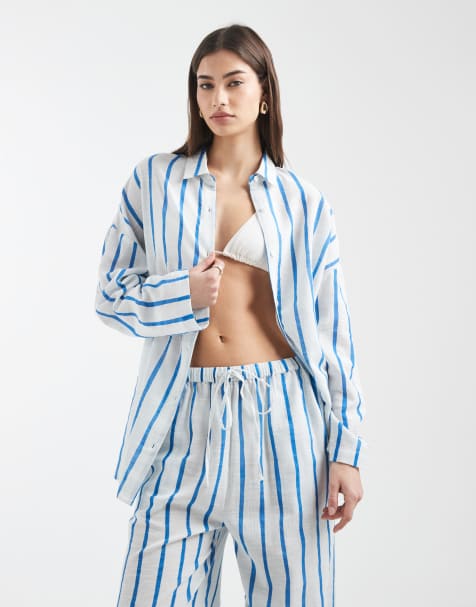 Aray long sleeve beach shirt in blue stripe - view 1