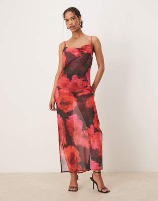 Aray - Maxi-Strandkleid in Rot mit Blumen-Print in verschwommener Optik
