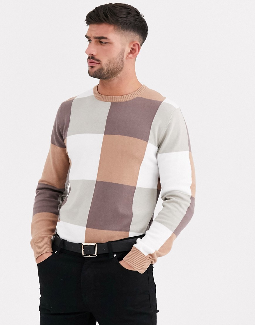 Aray muscle fit large check crew neck jumper-Brown