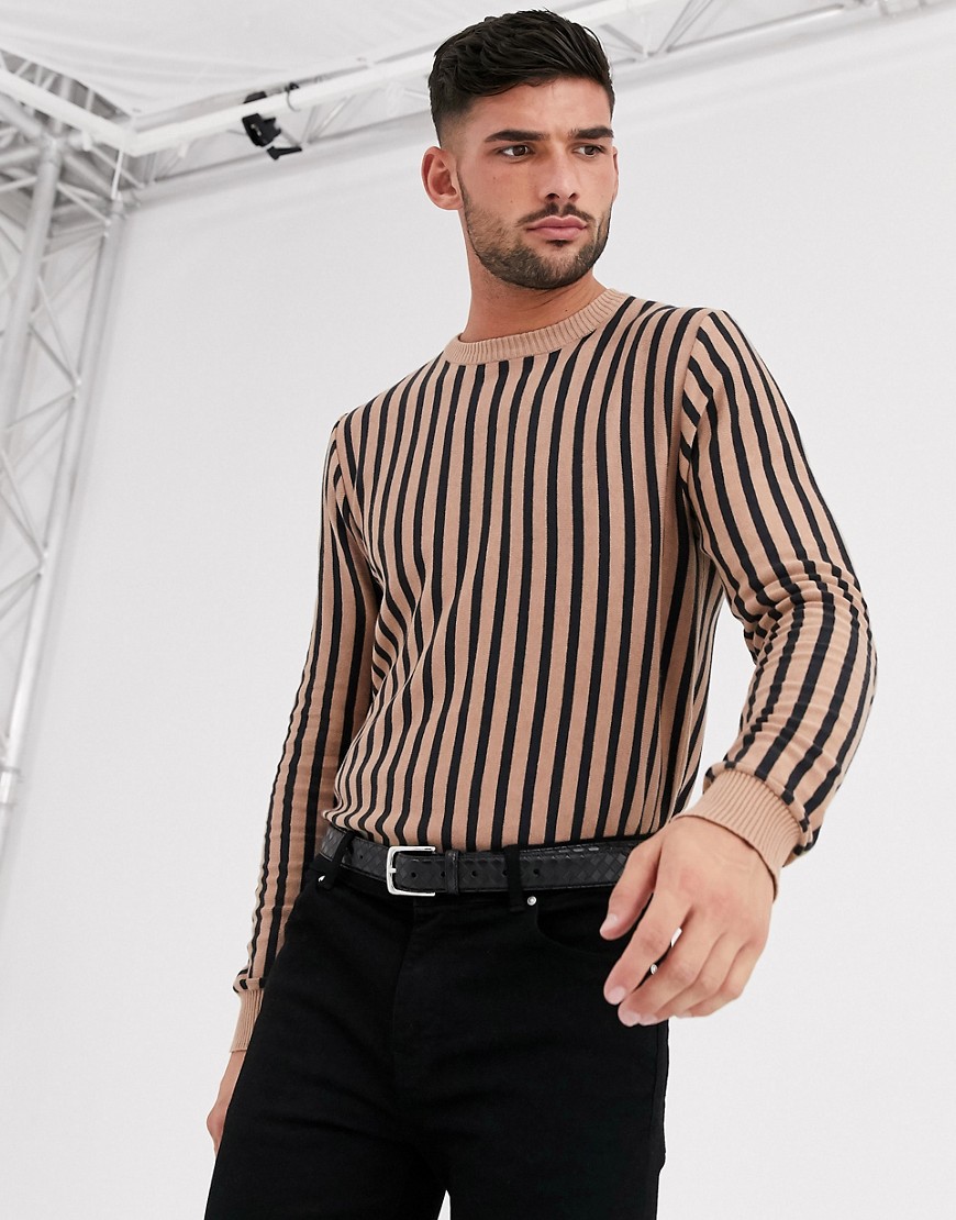 Aray muscle fit vertical striped crew neck jumper-Brown