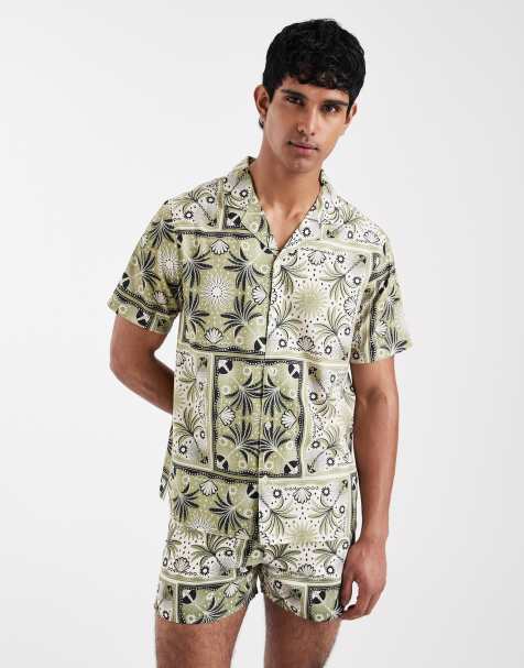 Aray palm tree motif revere shirt in khaki - view 1