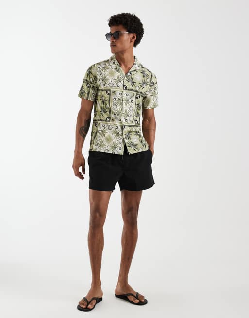 Aray palm tree motif revere shirt in khaki, 2 of 5