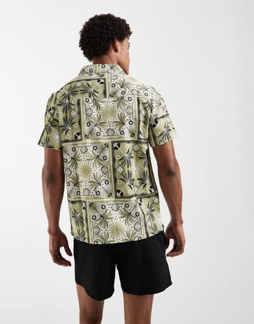 Aray palm tree motif revere shirt in khaki, 3 of 5