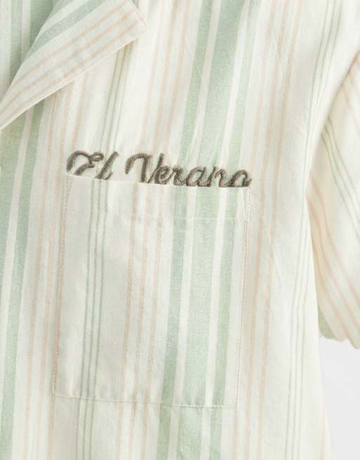 Aray revere beach shirt in beige khaki stripe, 8 of 9