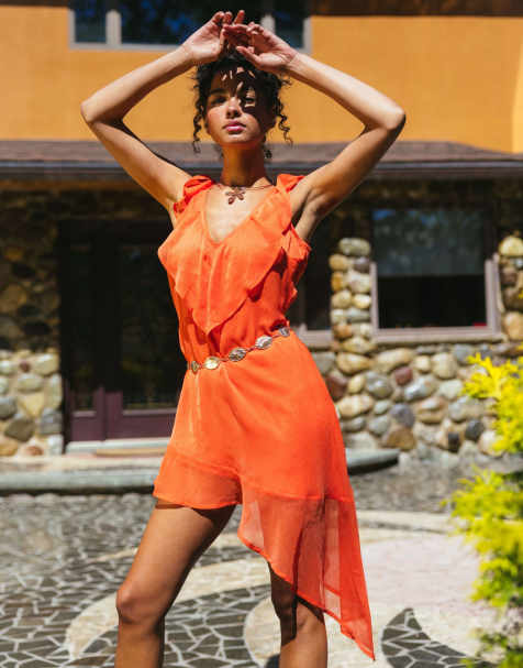Aray - Robe de plage courte à volants - Orange - view 1