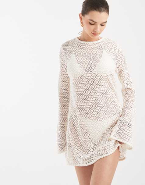Aray - Robe de plage courte en maille crochetée avec dos échancré - Blanc - view 1