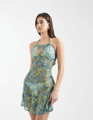 Robe de plage courte et transparente à dos nu et imprimé cachemire - Turquoise-Bleu 36-38