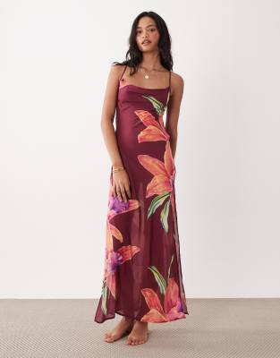Robe de plage longue et transparente à imprimé floral - Rose foncé 40-42
