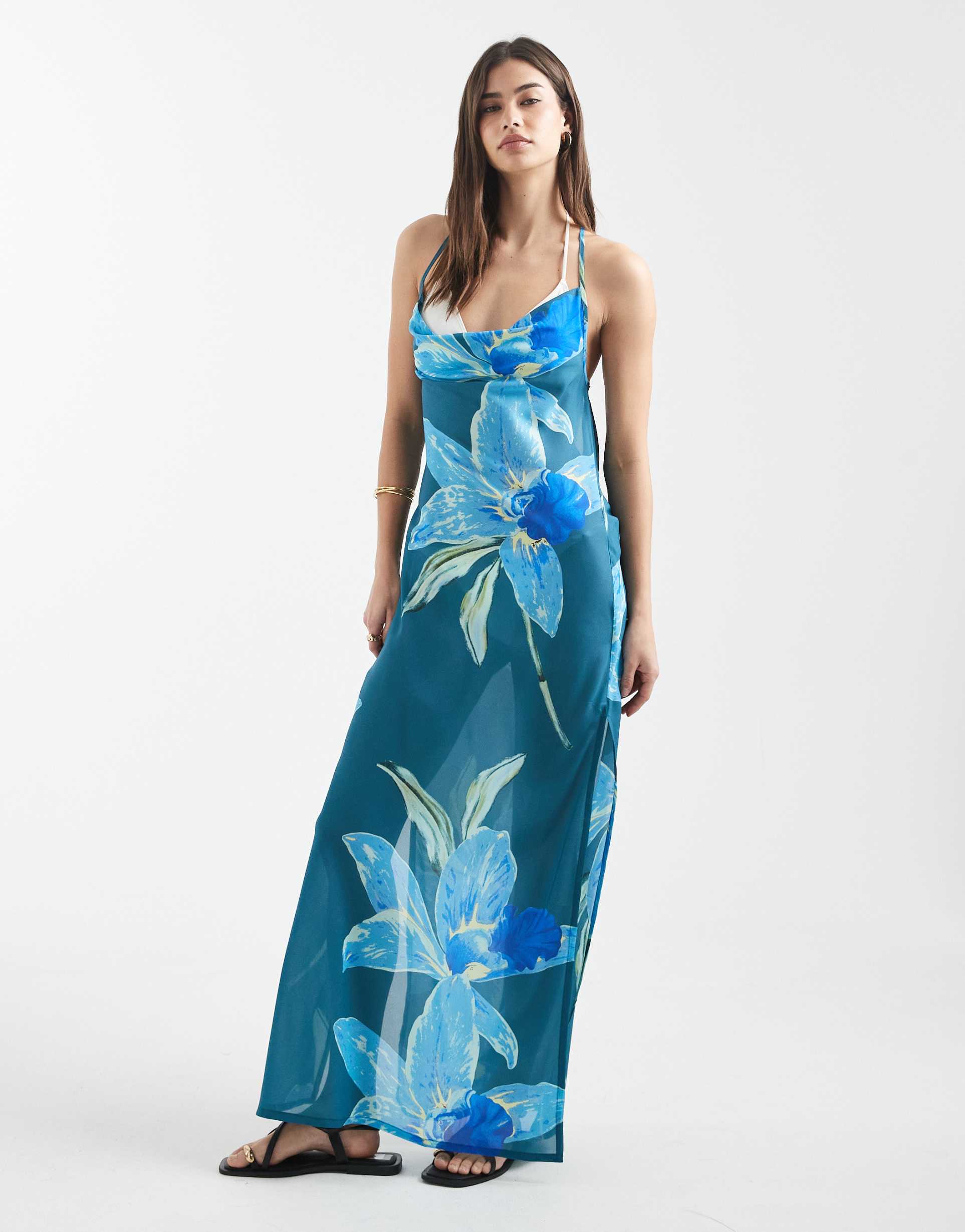aray sheer beach maxi dress in blue floral print