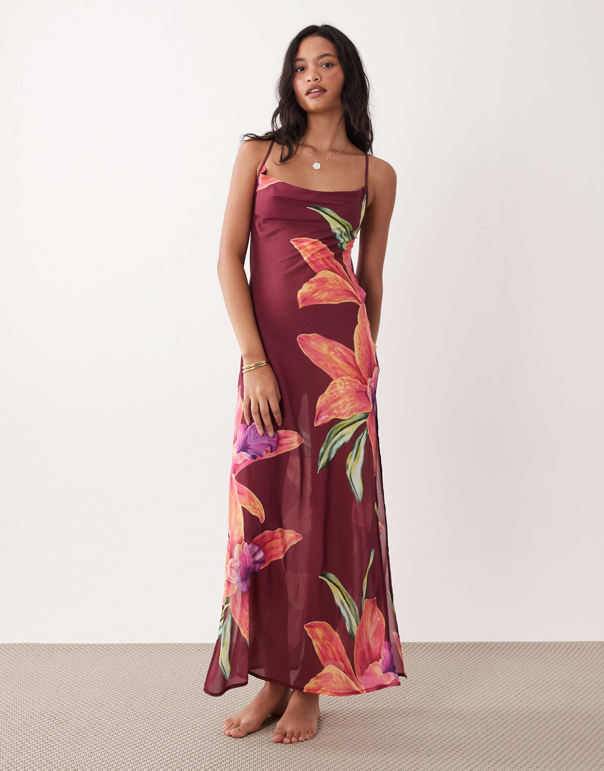 aray sheer beach maxi dress in dark pink floral print