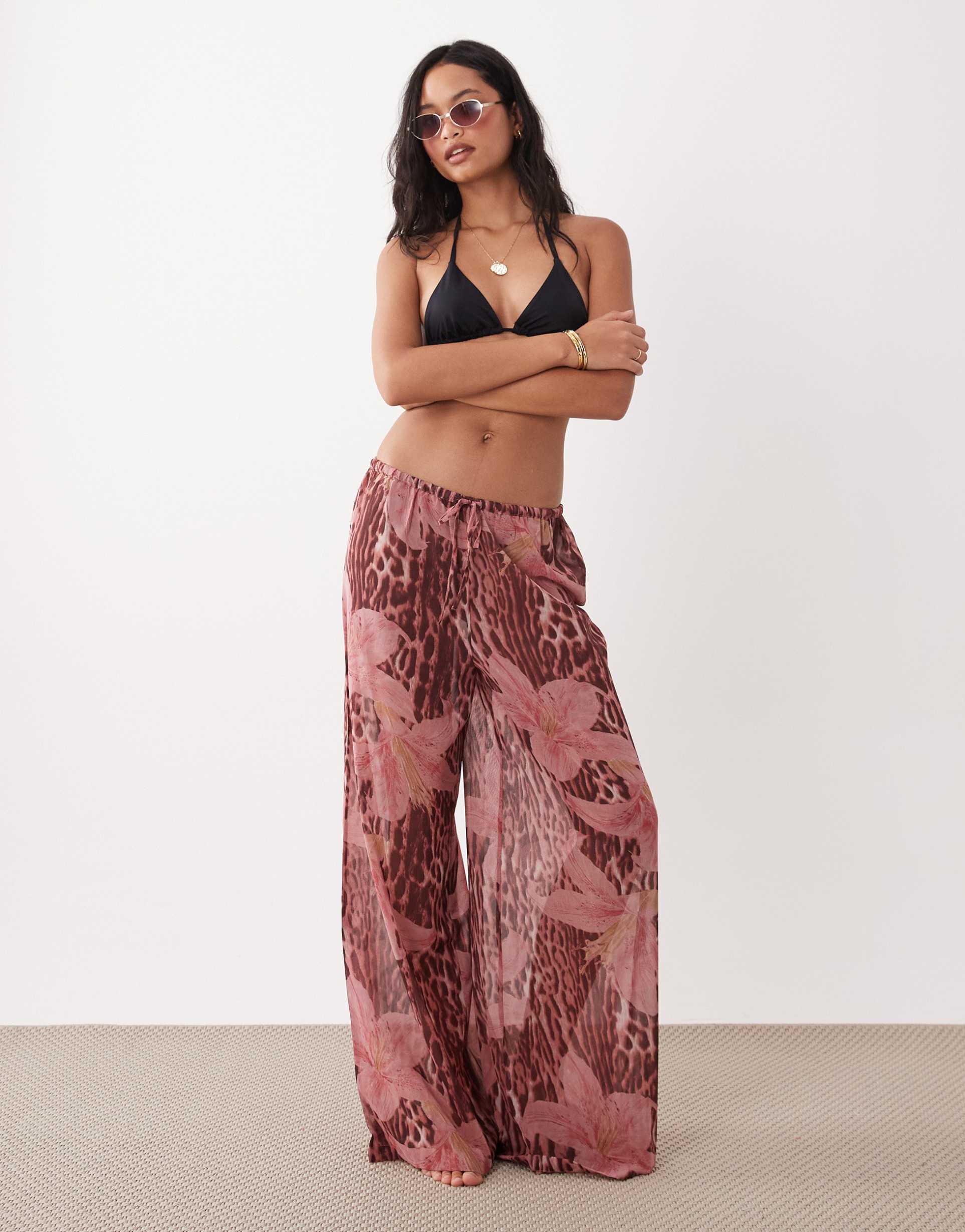 aray sheer beach pants in leopard floral print