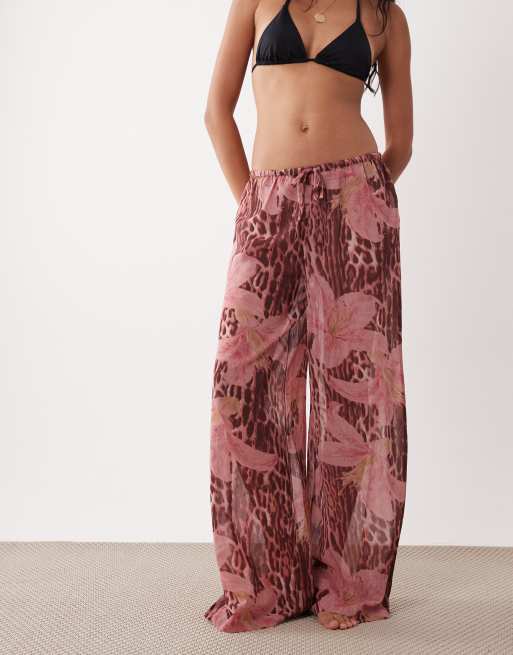 Aray sheer beach trouser in leopard floral print, 3 of 5