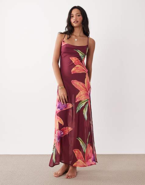 Aray sheer maxi beach dress in dark pink floral print - view 1