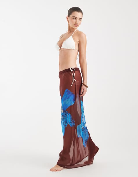 Aray sheer maxi beach skirt in brown floral print - view 1