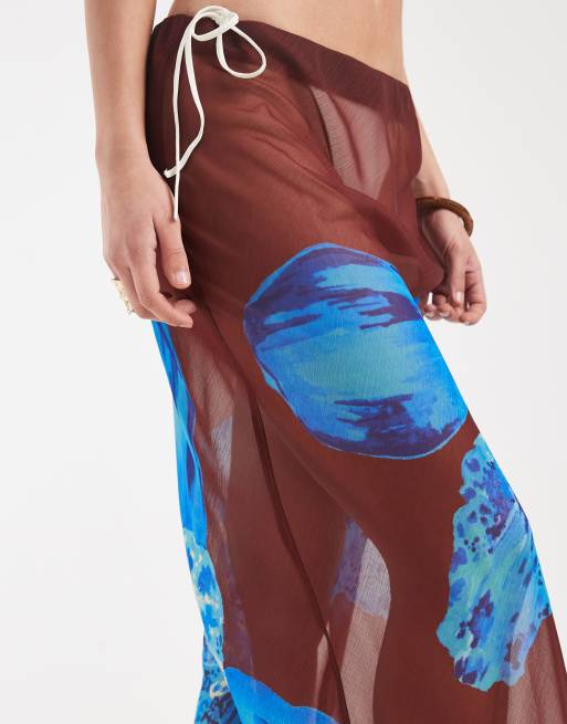 Aray sheer maxi beach skirt in brown floral print, 3 of 5