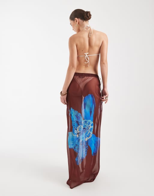 Aray sheer maxi beach skirt in brown floral print, 4 of 5