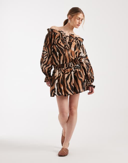Aray sheer off shoulder mini beach dress in animal print, 2 of 4