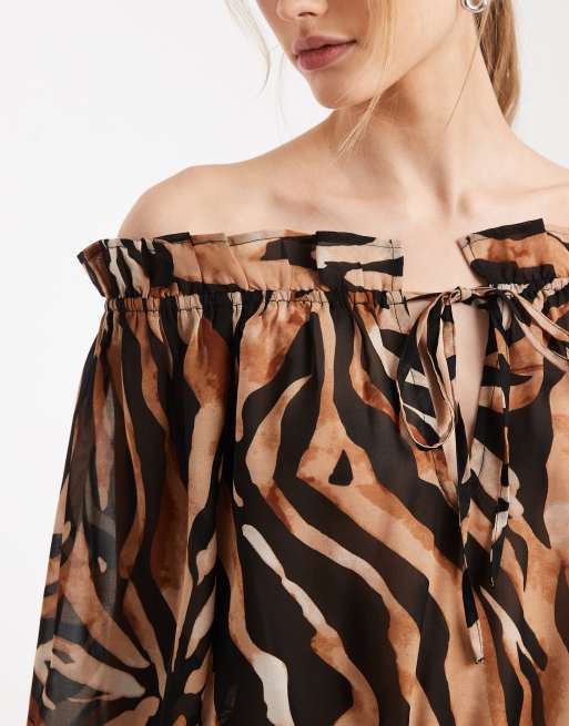 Aray sheer off shoulder mini beach dress in animal print, 3 of 4
