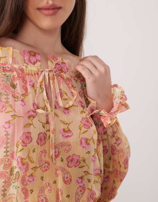 Aray sheer off shoulder mini beach dress in pink paisley, 2 of 4