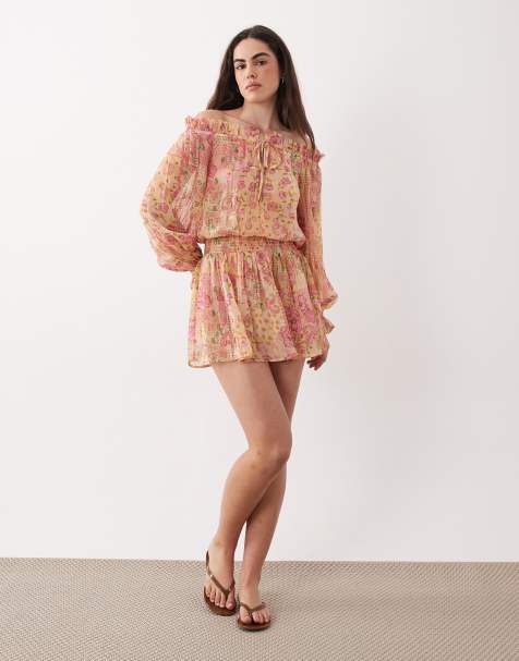 Aray sheer off the shoulder beach mini dress in pink paisley - view 1