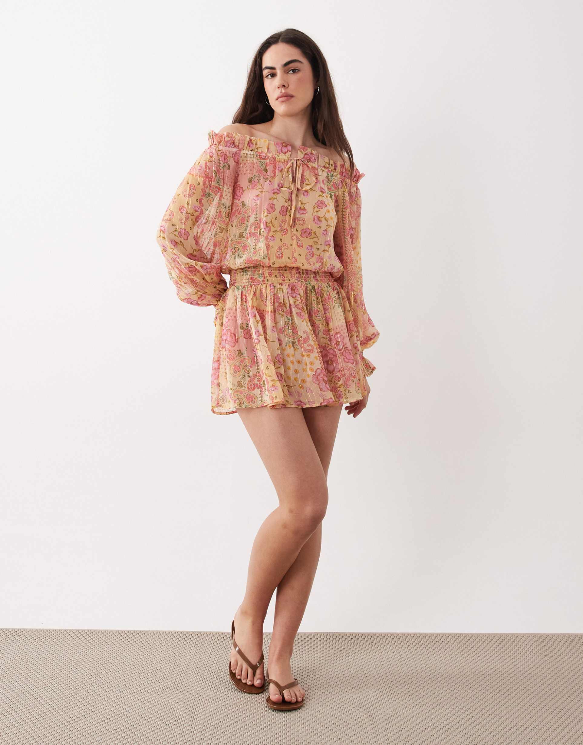 aray sheer off the shoulder beach mini dress in pink paisley