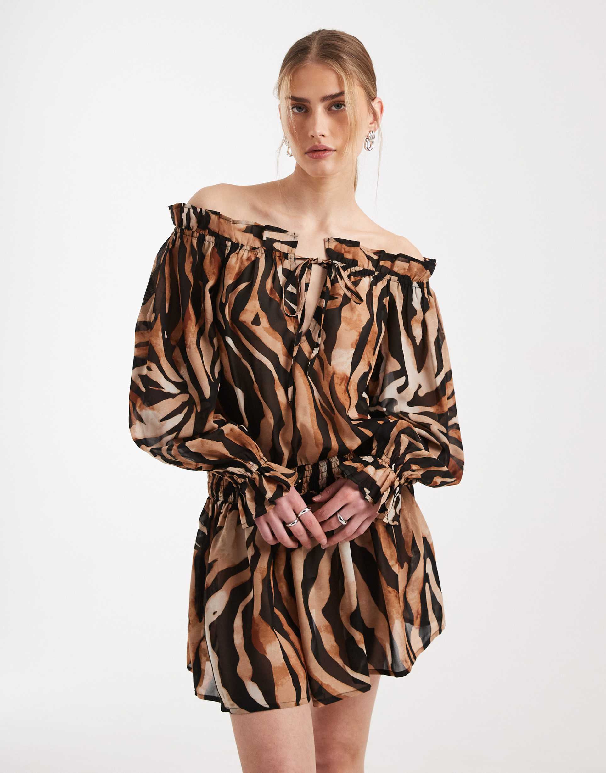 aray sheer off the shoulder mini beach dress in animal print
