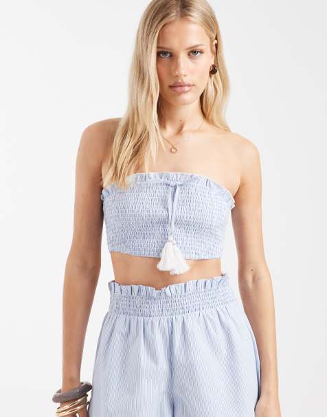 Aray shirred bandeau beach top in blue stripe - view 1