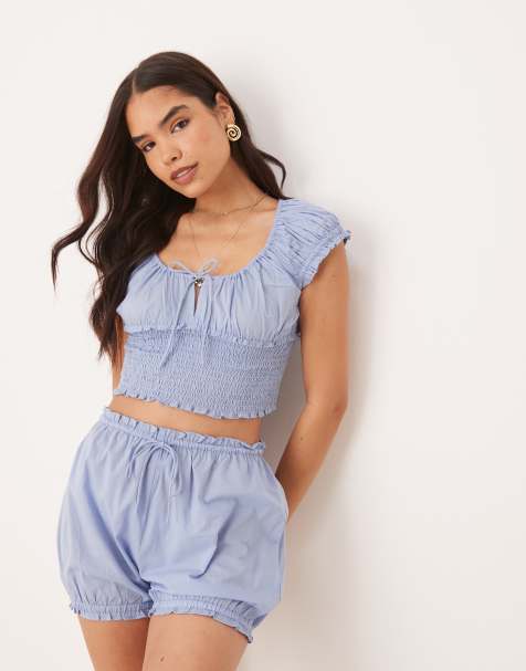 Aray shirred beach crop top in dusky blue (part of a set) - view 1