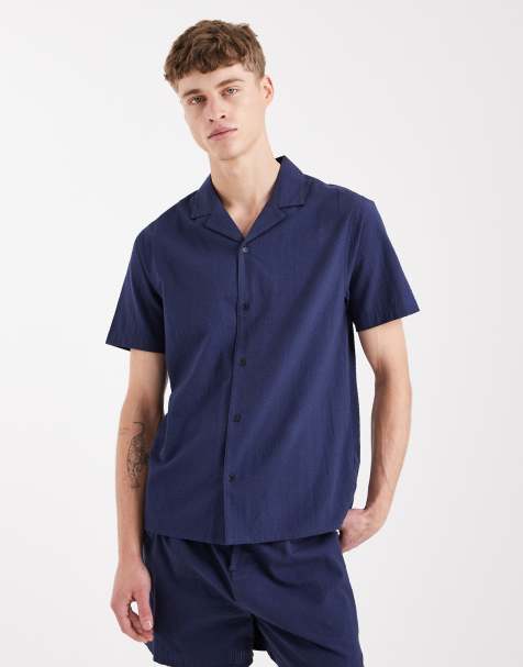 Aray short sleeve seersucker beach shirt in navy - view 1