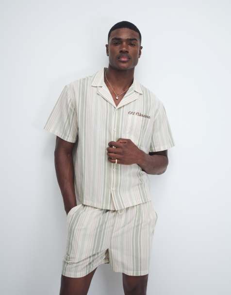 Aray – Strandhemd in Beige und Khaki gestreift mit Reverskragen - view 1