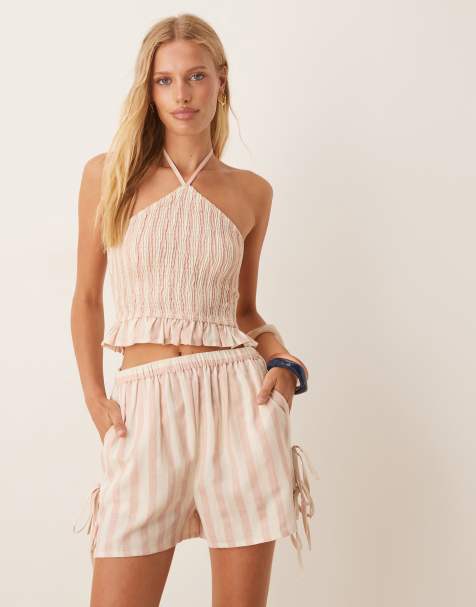 Aray stripe beach shorts with bow detail in pink and white (part of a set) - view 1