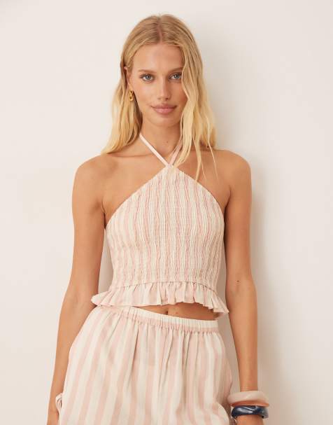 Aray stripe beach top co-ord in pink and white