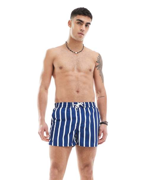 Aray stripe print swim short in navy and white - view 1