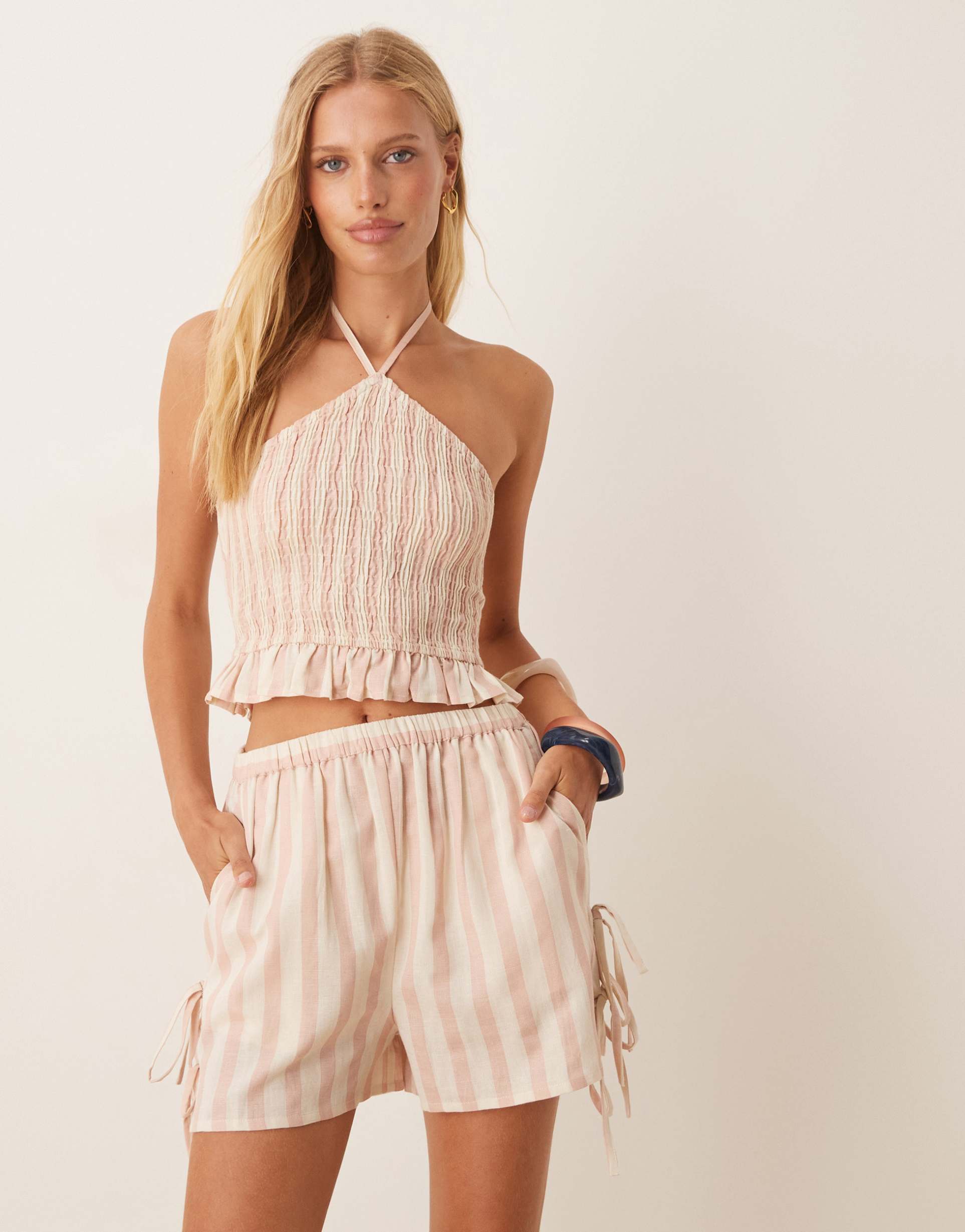 aray striped beach shorts with bow details in pink and white - part of a set