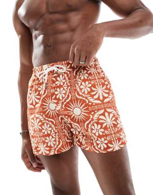 sun dile print swim shorts in rust-Orange