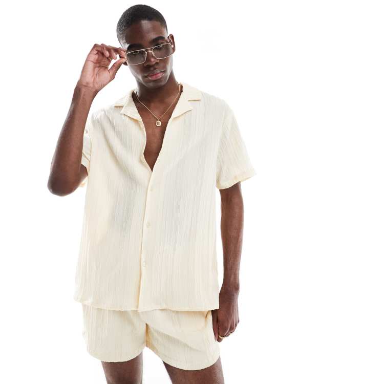HA Mens Textured Camp Shirt – Short Sleeve Rayon Blend Wrinkle-Resistant Shirt, Creme, 2XL - View #8